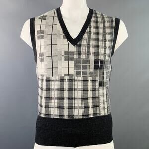 BLACK FLEECE Size L Grey White Plaid Wool V-Neck Vest
